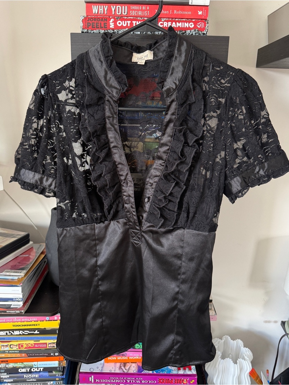 Women's Black Lace & Satin Short Sleeve Top